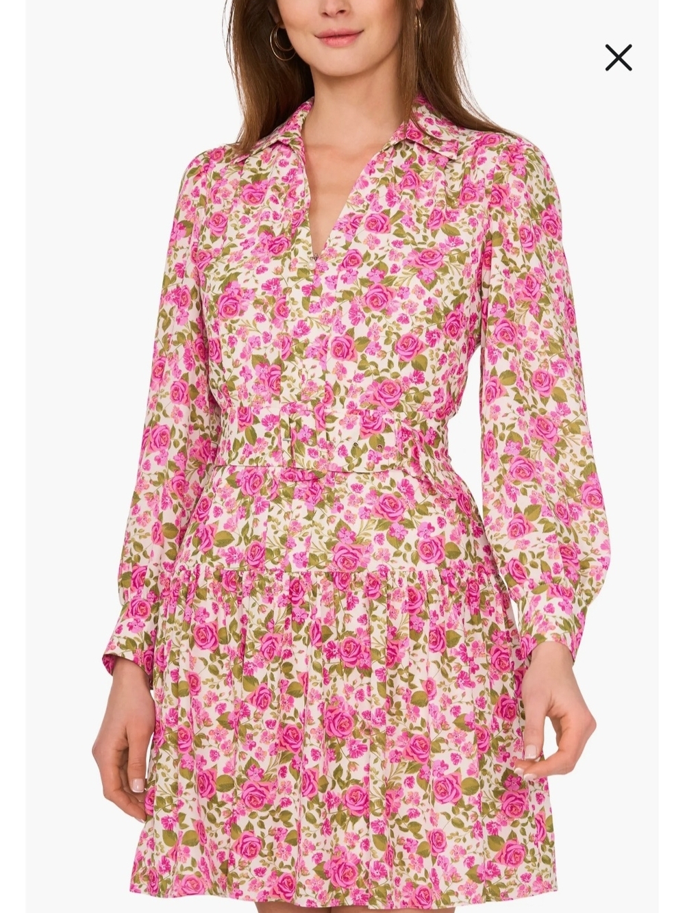 CeCe Pink Floral Long-Sleeve Shirt Dress